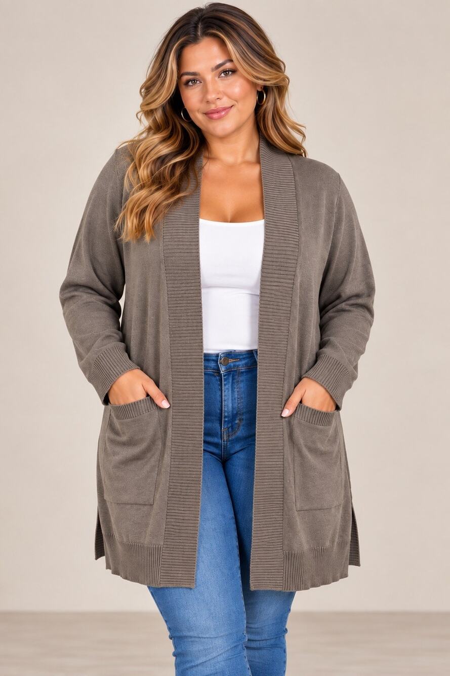 Young USA Gray Knit Open Front Cardigan Sweater Pockets Long Sleeve L Cozy Fall